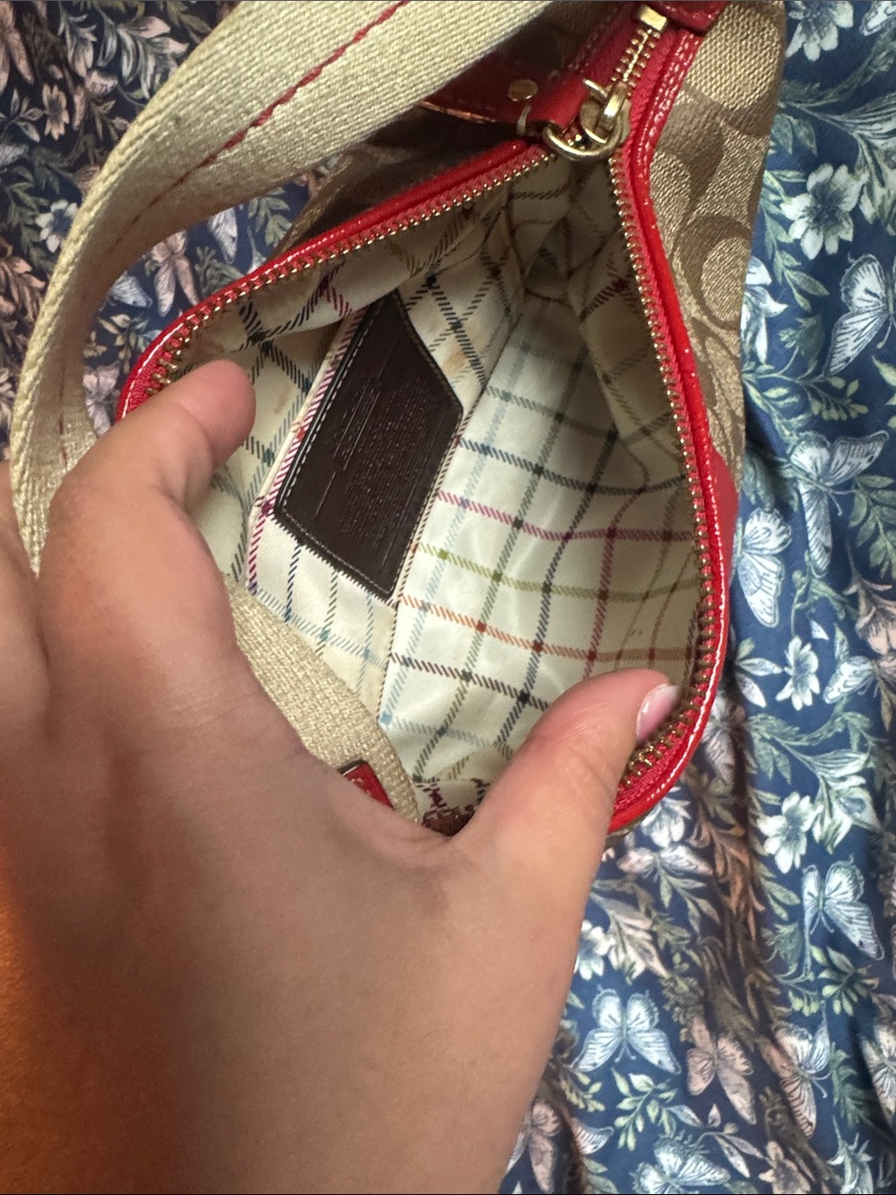 Coach Signature Canvas Shoulder Bag in Beige with Red Trim
